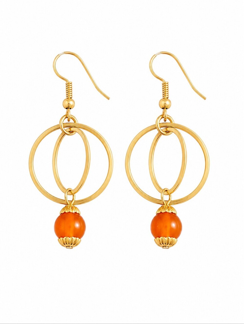 3/$30 Goldtone Circle Orange Bead Dangle Hook Orbit Nebula Earrings